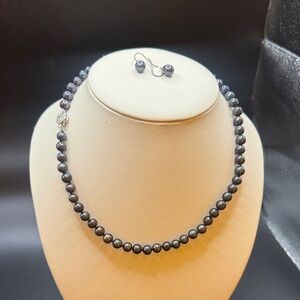 Elegant Real Black Pearl Necklace and Earring Set Earrings are marked 925